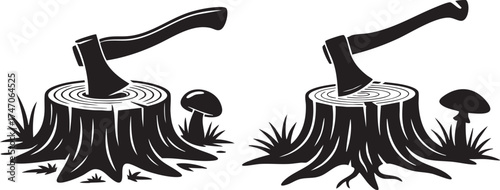 Axe in a Tree Stump Silhouette wood mushroom black and white illustration set, forestry lumberjack woodcutting logging nature outdoors tool