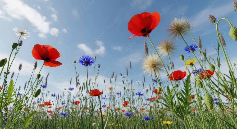 Obraz premium Vibrant wildflowers blooming under a bright blue sky