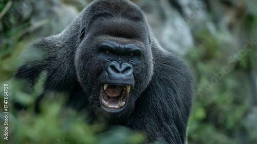 A roaring silverback gorilla pounding chest on jungle cliff