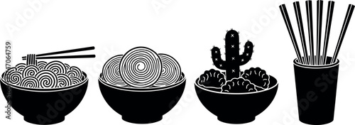 Black silhouette icons of noodle bowls, cactus food art, and chopstick cup, minimal vector set for Asian cuisine, restaurant, and kitchen themes
