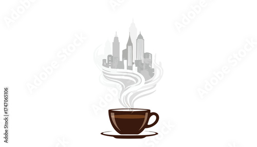 A cup of coffee with steam rising to form a stylized cityscape against a white background.