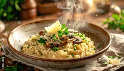 Delicious mushroom risotto dish with parmesan and herbs on wooden table