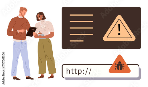 Professionals reviewing tablet data, warning sign highlights cybersecurity threat. Ideal for cybersecurity, hacking awareness, digital safety, teamwork, web security, risk management, simple flat