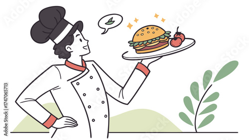 A chef presenting a burger on a plate with a tomato wearing a chef hat and uniform with a happy expression