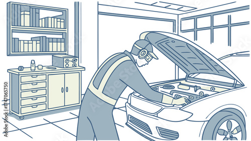 A mechanic working on a car engine in a garage with tools and shelves filled with items in the background