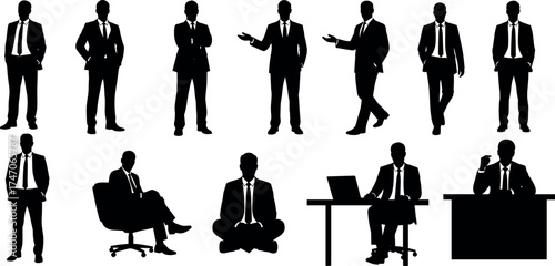 Businessman silhouette icon set with formal poses, seated and standing figures, black vector design for corporate, office, and workplace themes