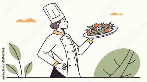 A chef holding a plate of salad with tomatoes asparagus and mushrooms in a kitchen with plants around her