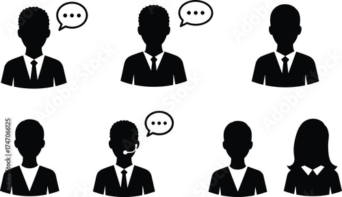 Christmas zombie business silhouettes, professional people icons, communication teamwork illustration, customer service support, speaking thinking concept, isolated black vector design art