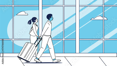 Couple walking with luggage at the airport with large windows and clouds in the background illustration