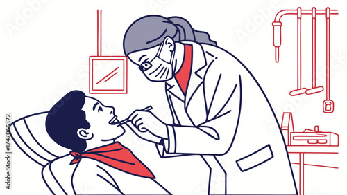 A dentist examining a patient in a dental chair with medical equipment in a clinic setting illustration