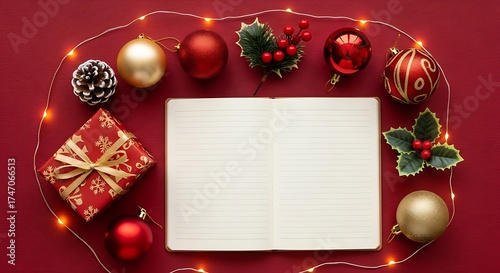 Christmas ornaments and gift surrounding an open notebook on red surface