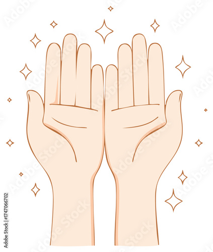 Clean open hands sparkling with bright light effects and starbursts on white background