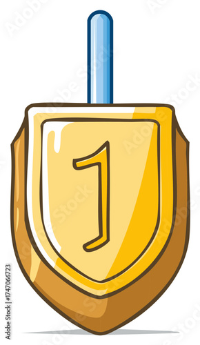 Festive cartoon dreidel for Hanukkah, golden body with blue handle and Hebrew letter Shin