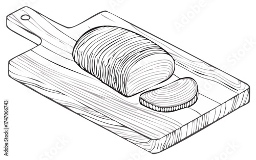 Artisanal Loaf of Bread Sliced on Wooden Board Food Preparation Culinary Delicacy Gourmet Baking Line Art Illustration