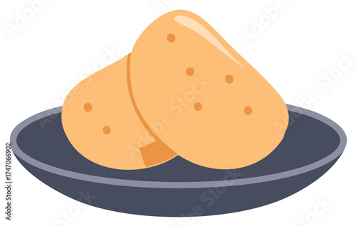 Two golden brown potato halves with brown spots served on a dark plate
