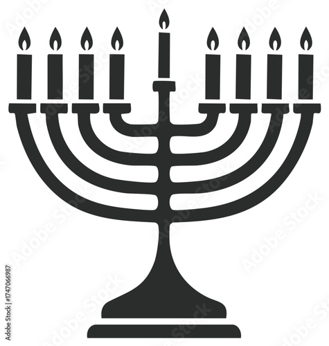 Black and white illustration of a menorah with lit candles, symbol of faith.