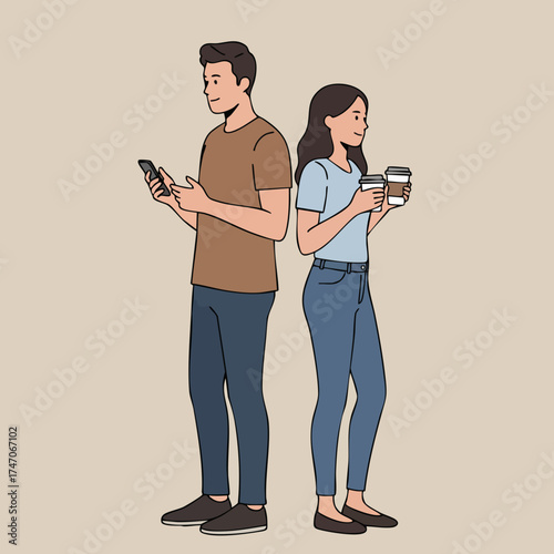 Minimalist Line Art Young Couple Ignoring Each Other Problem Illustration