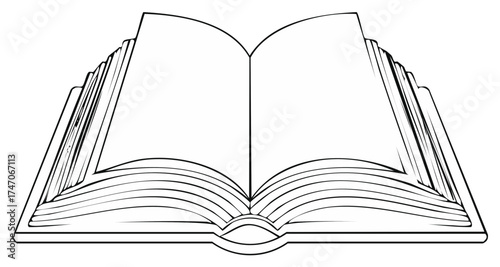 Open book sketch, black outline on a white background, concept reading or knowledge