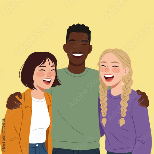 Flat Illustration of Three Smiling Diverse People Embracing Each Other
