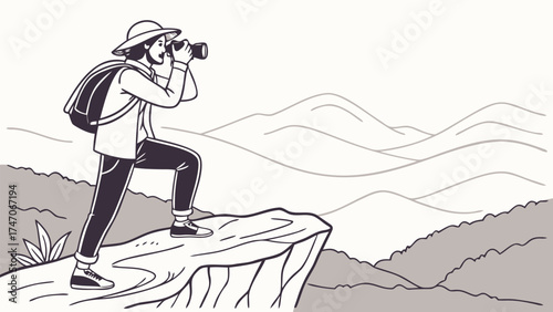 A person with a backpack and hat looking through binoculars on a cliff overlooking a mountain range view