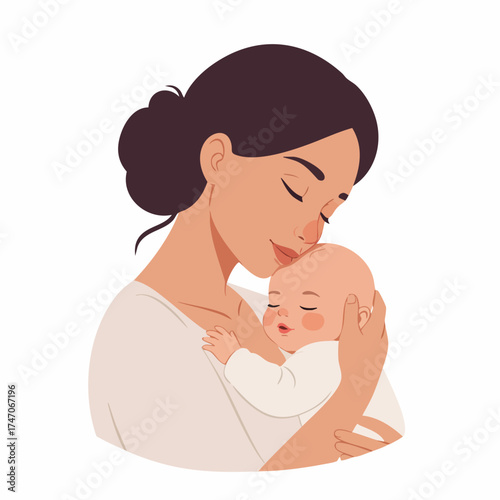 Flat Illustration Loving Mother Holding Newborn Baby in Her Arms