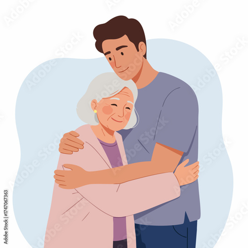 Warm Illustration Grandson Embracing Grandmother Love Affection Care Connection Design