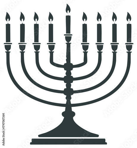 Vector illustration of a Jewish menorah with lit candles, holiday symbol.