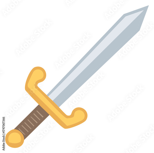Stylized illustration of a classic battle sword featuring a shining silver blade and ornate golden hilt