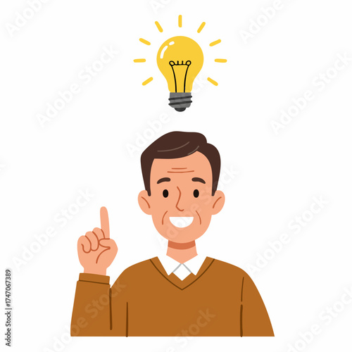 Flat Illustration Senior Man with Light Bulb Brainstorming Idea Concept