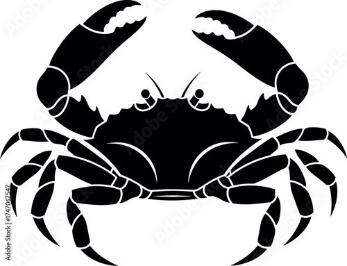 Crab silhouette illustration, detailed claws and legs, symmetrical black design, marine animal art, ocean wildlife icon, bold graphic style