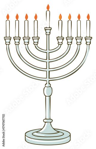 Menorah with seven lit candles and ornate stem with a wide base