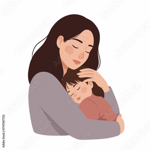 Flat Style Loving Mother Hugging Sleeping Child Care Illustration