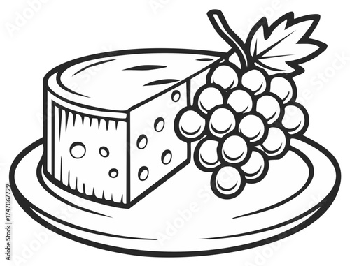 Artistic rendition of Swiss cheese wedge adorned with a bunch of grapes on a round plate drawing outline