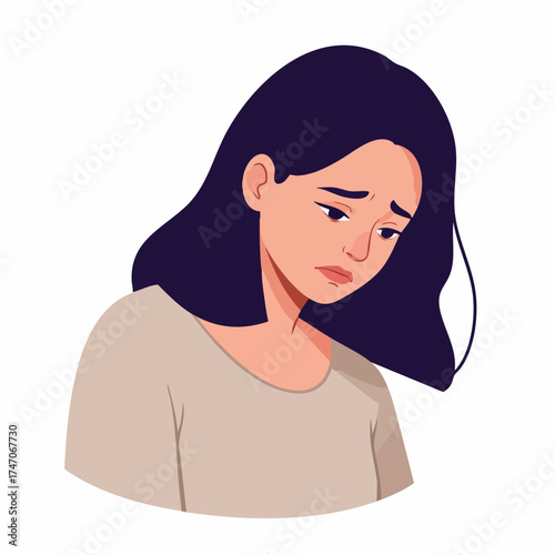 Flat Style Depressed Young Woman Character with Dark Hair Illustration