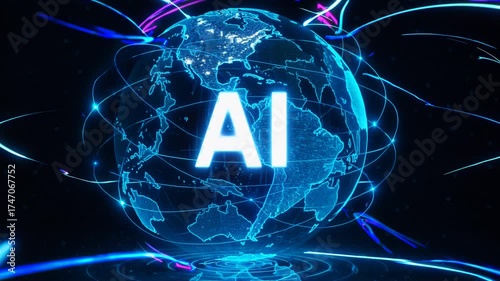 A glowing blue holographic Earth globe with the letters 'AI' at its center, surrounded by interconnected light trails representing global artificial intelligence and data networks.