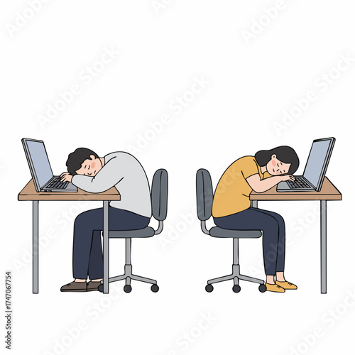 Minimalist Line Art Tired Employee Sleeping on Desk at Office