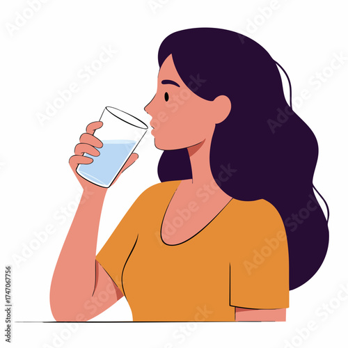 Flat Woman Drinking Water From Glass Container Illustration Art