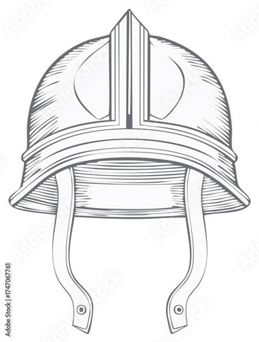 Historical protective battle helmet detailed line art illustration with chin straps