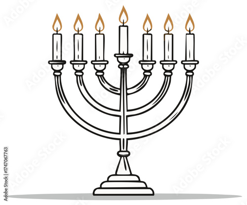Seven-branched menorah candelabrum with lit candles, a traditional Jewish religious symbol illustration