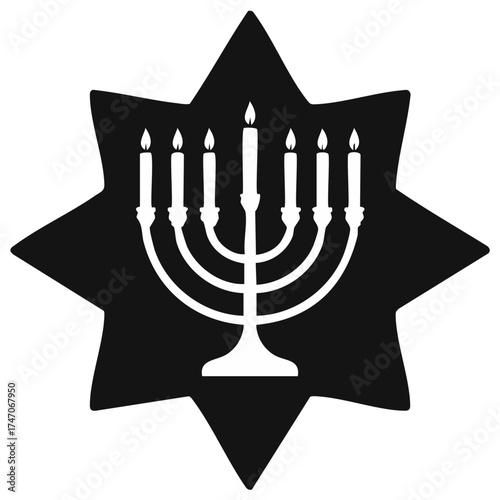 Seven branched Menorah with lit candles depicted as a spiritual icon against a star symbol