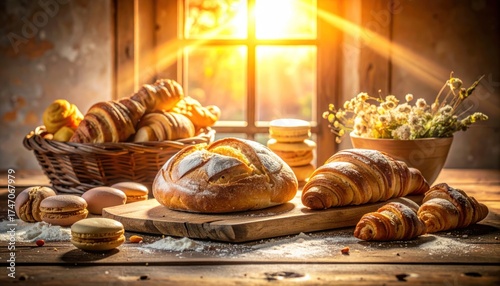 Freshly baked bread and pastries displayed on a rustic wooden table
