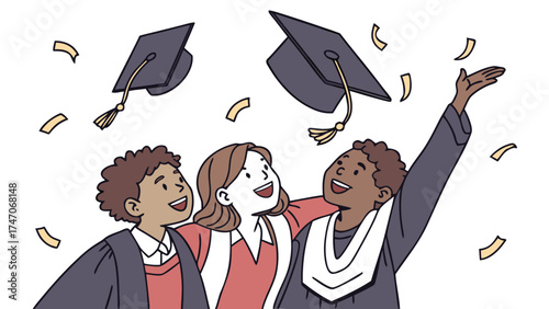 Illustration of three graduates celebrating with tossed caps and confetti in a joyful graduation scene