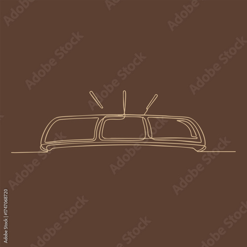 Minimalist line drawing of a vintage tram or trolley car on a solid brown with simple design elements