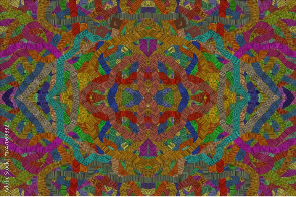Naklejka premium A vibrant, symmetrical geometric artwork composed of colorful interlocking shapes and lines forming a kaleidoscopic.