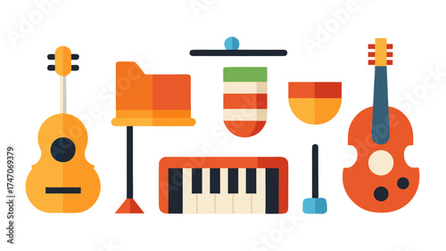 Flat Design Musical Instruments and Accessories on White Background