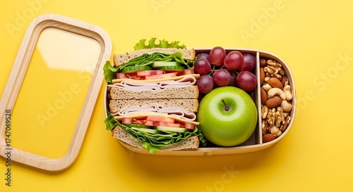 Close up of a lunchbox with sandwich apple grapes and mixed nuts inside