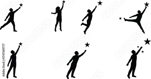 Christmas zombie silhouette reaching star, human ambition concept, abstract vector art, people aspiration, dream achievement, success goal, inspirational illustration design