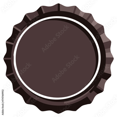 Top view of a single dark brown metal bottle cap with a white ring detail isolated