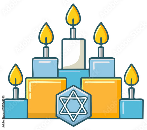 Hanukkah menorah illustration with lit candles and star of David symbol
