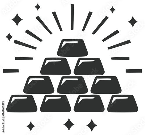 Shiny stack of gold bars treasure icon with sparkle lines and stars representing wealth and success